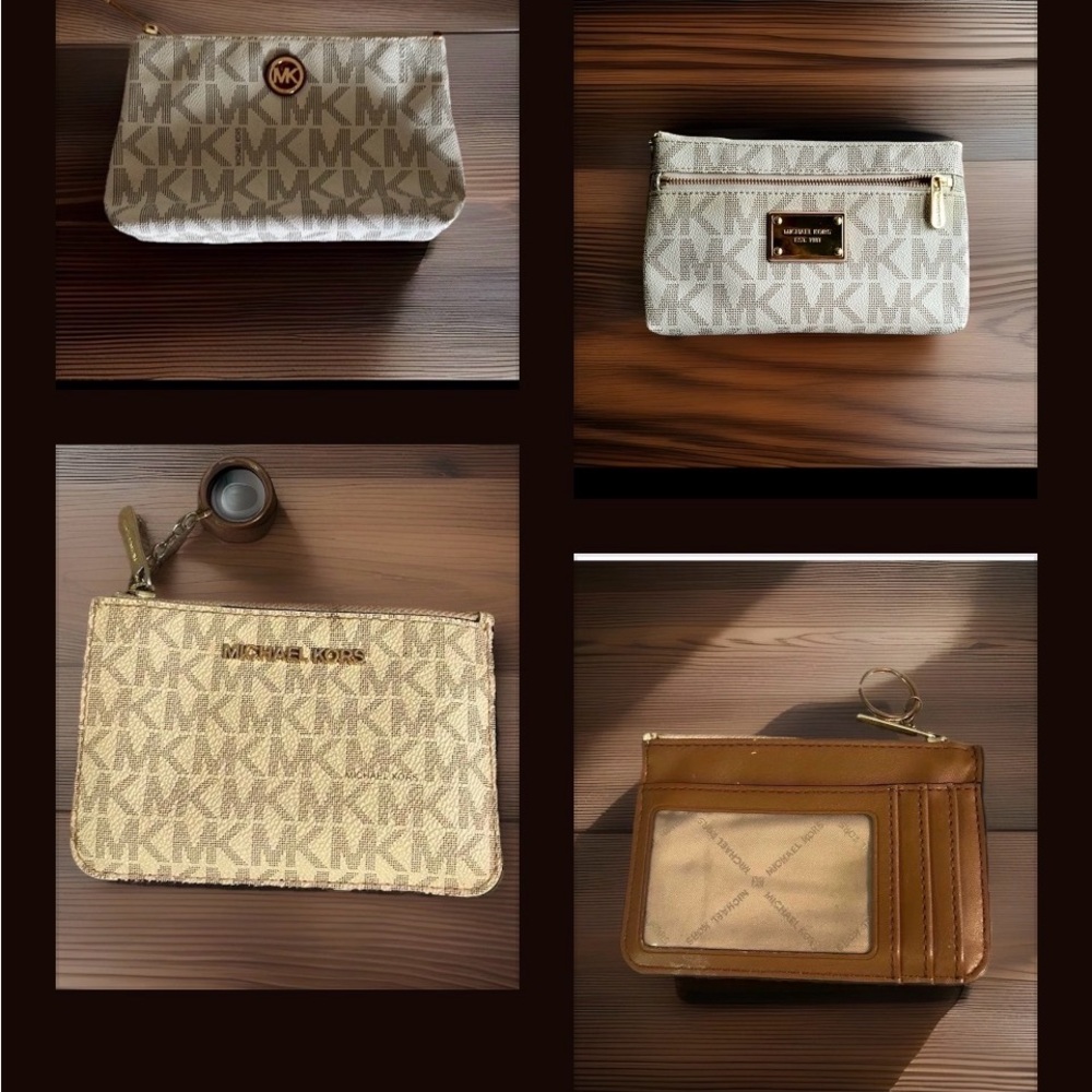 Michael Kors Beige Monogram Cosmetic and Card Pouch Set with Tan Leather Trim